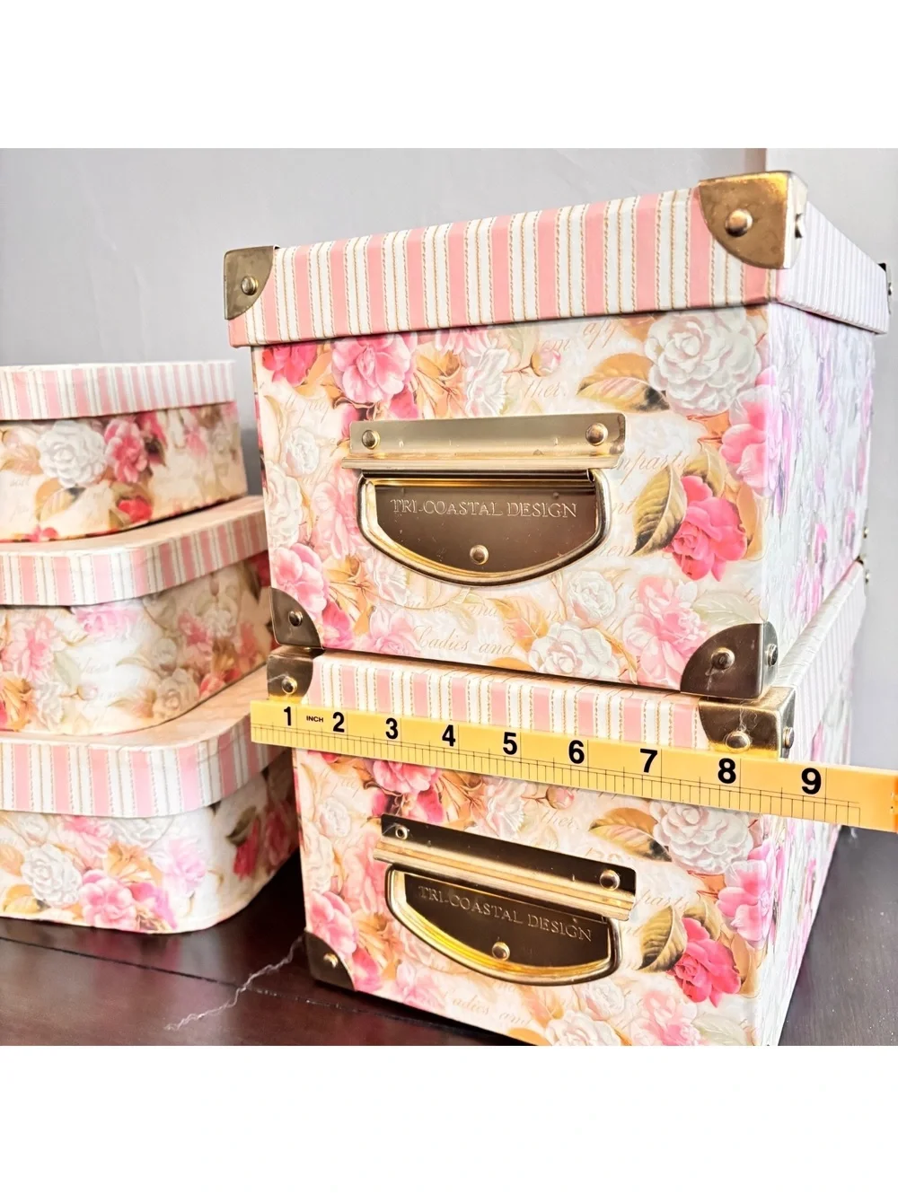Set of 5 Decorative Floral Storage Boxes with Vintage Style Handles and StripedL